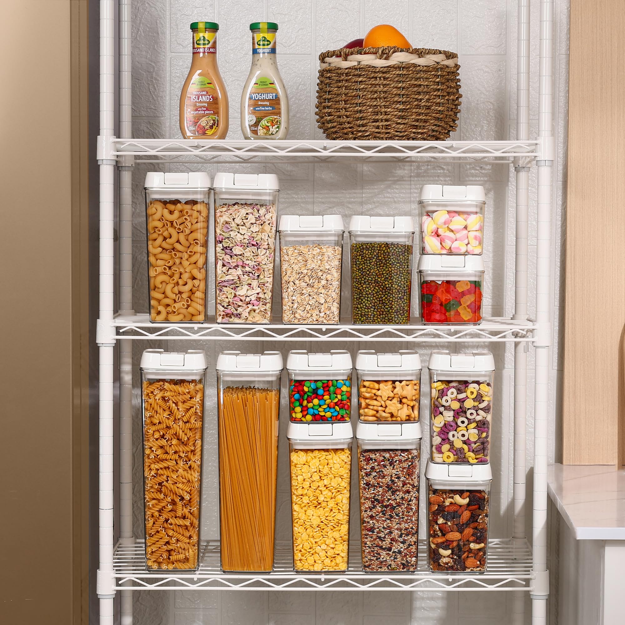 Vtopmart Airtight Food Storage Containers, 7 Pieces BPA Free Plastic Cereal Organizer Canisters with Easy Lock Lids, for Kitchen Pantry Organization, 24 Labels, White