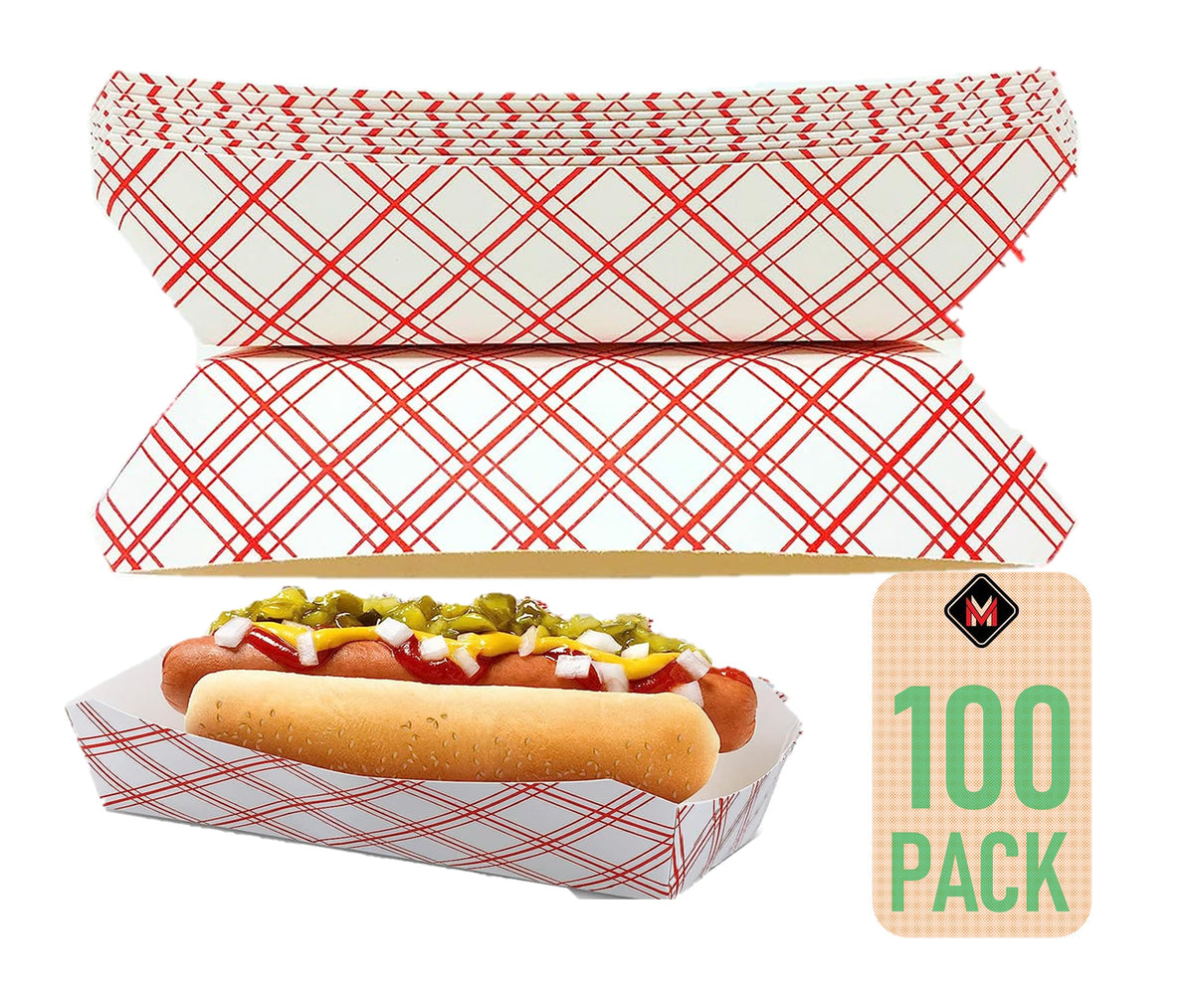 Mr. Miracle 7 Zoll Hot-Dog-Papierschale in rot-weißem Muster. Packung mit 100 Stück. Einweg, recycelbar und vollständig biologisch abbaubar. Hergestellt in den USA