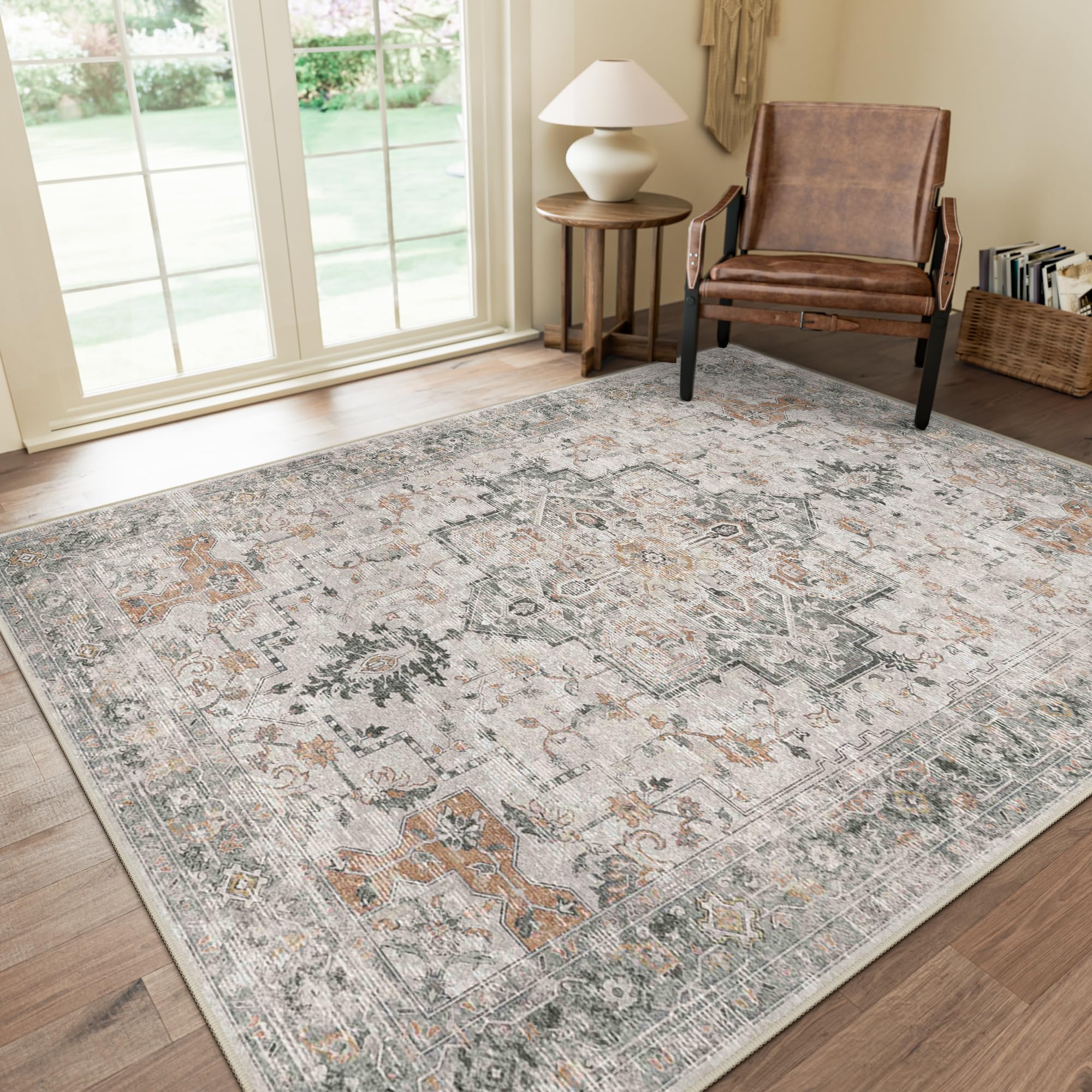 GENIMO 5x7 Teppiche für Wohnzimmer, maschinenwaschbar, rutschfest, Vintage-Teppiche, leichter Chenille-Teppich mit niedrigem Flor für Schlafzimmer, Esszimmer, Heimbüro, Helltaupe-Braun
