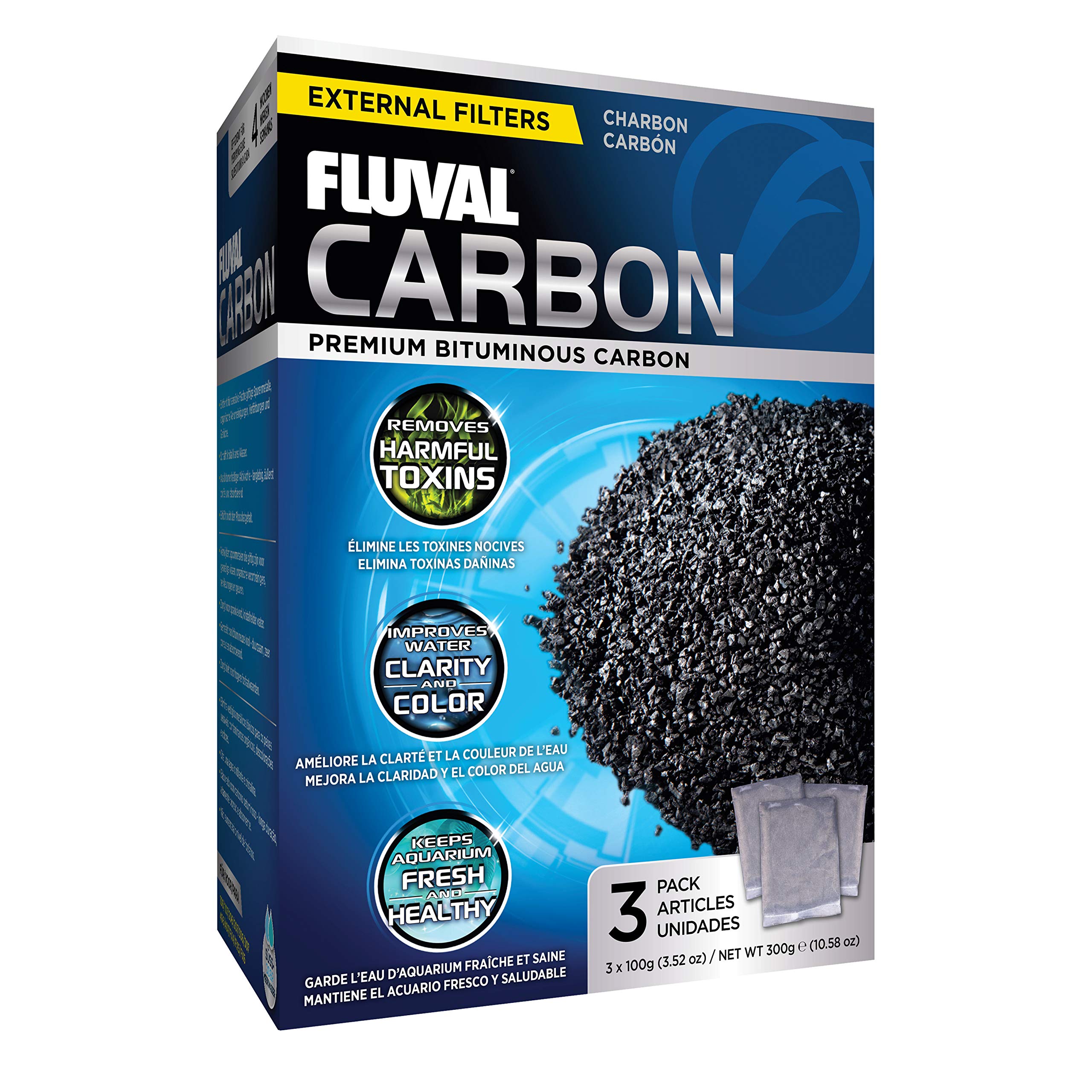 Fluval Aktivkohlefiltermedien für Aquarien, hochwertige bituminöse Kohleeinsätze, 100-Gramm-Nylonbeutel, 3 Stück (1er-Pack), A1440