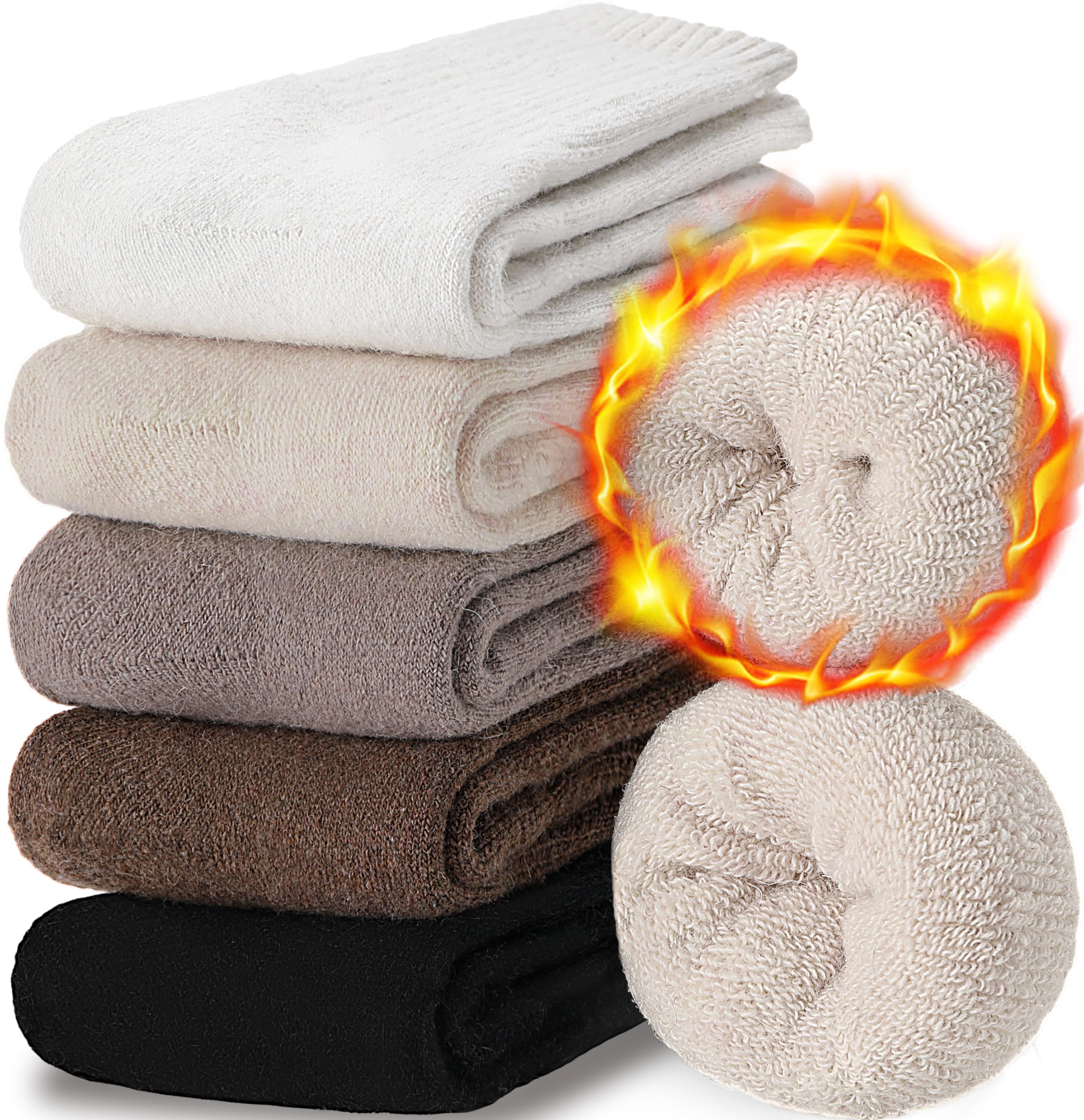 EBMORE Socken aus Merinowolle, warme Thermo-Wintersocken, dicke Wandersocken, gemütliche Boot Crew Comfy Socken, 5 Paar für Damen, Geschenke, Strumpffüller (Beige/Weiß/Schwarz/Khaki)