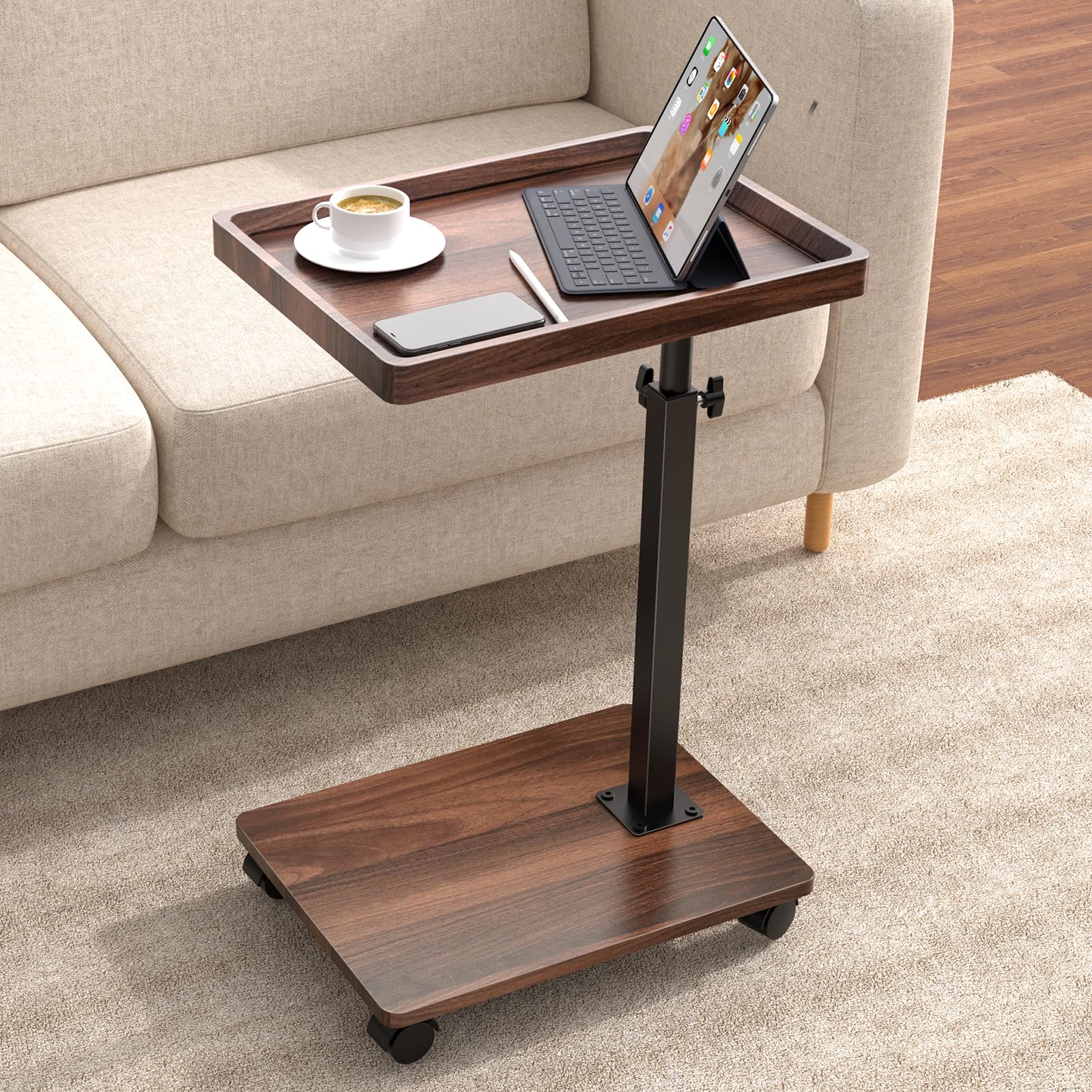 C Table End Table Adjustable Height, 360 degreesSwivel TV Tray Table for Small Spaces, Couch Tables That slide under, C Shaped Side Tables living room and bedroom for Sofa, Bed,Chair, Snack (Walnut Brown)
