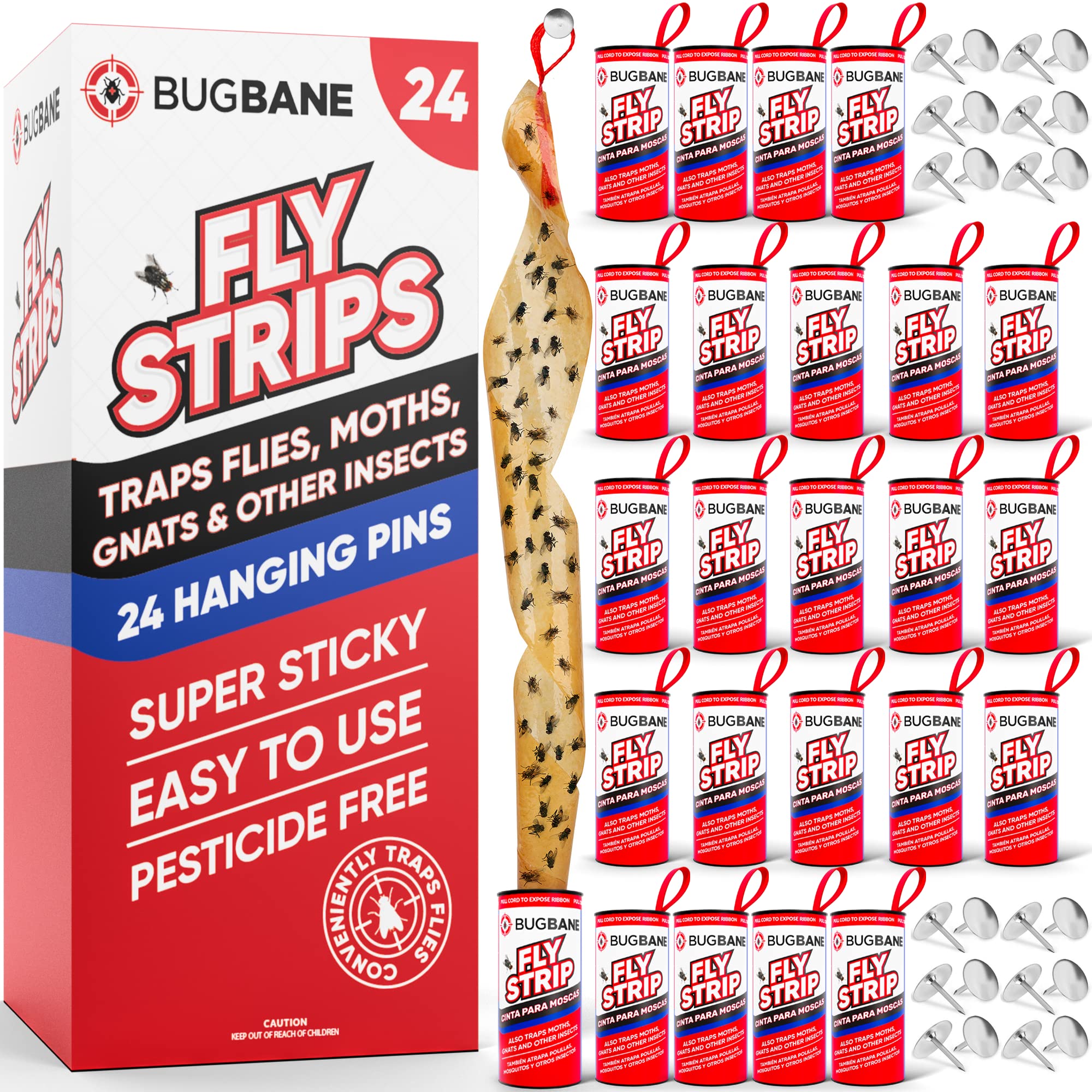 Fliegenstreifen Indoor klebrig hängend 24er-Pack mit Nadeln. Ungiftige Outdoor-Fliegenfalle Indoor für Zuhause. Fliegenband-Papierfallenrolle für Hausmücken, Fruchtfliegen und Stubenfliegen. Insektenfänger für drinnen, Fliegenfänger