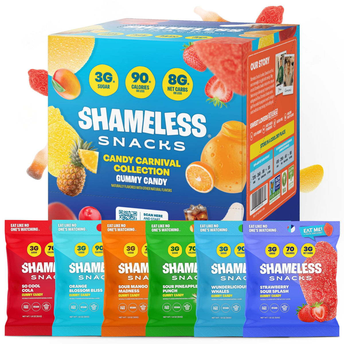 Shameless Snacks Bonbon-Karneval – Gesunde zuckerarme Snacks mit Ananas-, Mango-, Orangen-, Erdbeer- und Cola-Gummibonbons – Veganes, glutenfreies, kalorienarmes Süßigkeiten-Sortiment