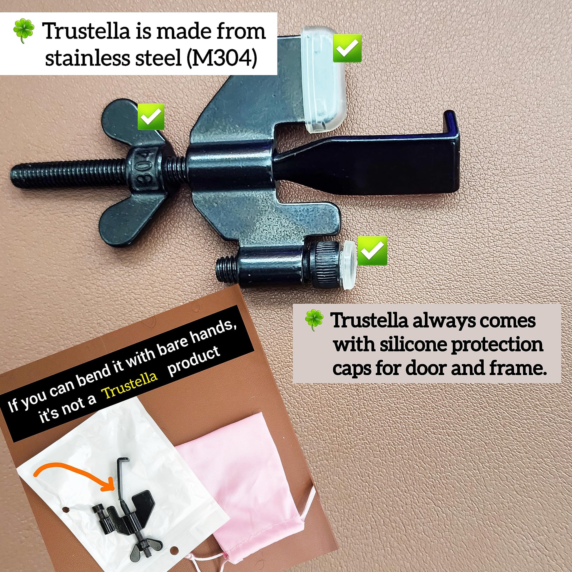 Original Trustella Heavy-Duty Portable Door Lock - Stainless Steel Security Device for Enhanced Safety - Ideal for Home, Travel, Hotels, Apartments - Silicone Protector Caps Included (1, Black)