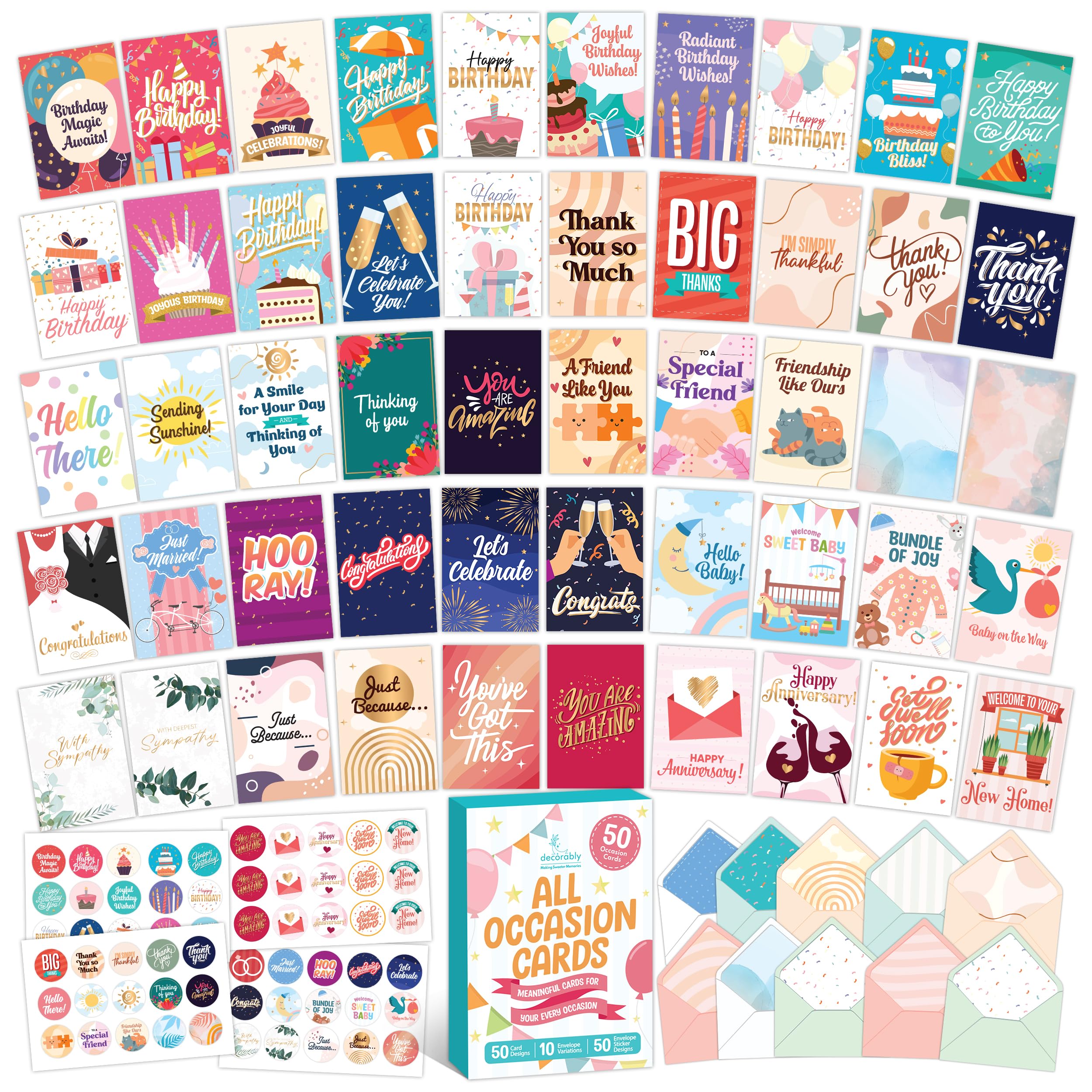 Decorably 50 Pack Gold Foiled and Glittery 5x7in All Occasion Cards Assortment Box with Envelopes & Stickers, 50 Unique Designs All Occasions Greeting Cards Assortment Box with Printed Message Inside