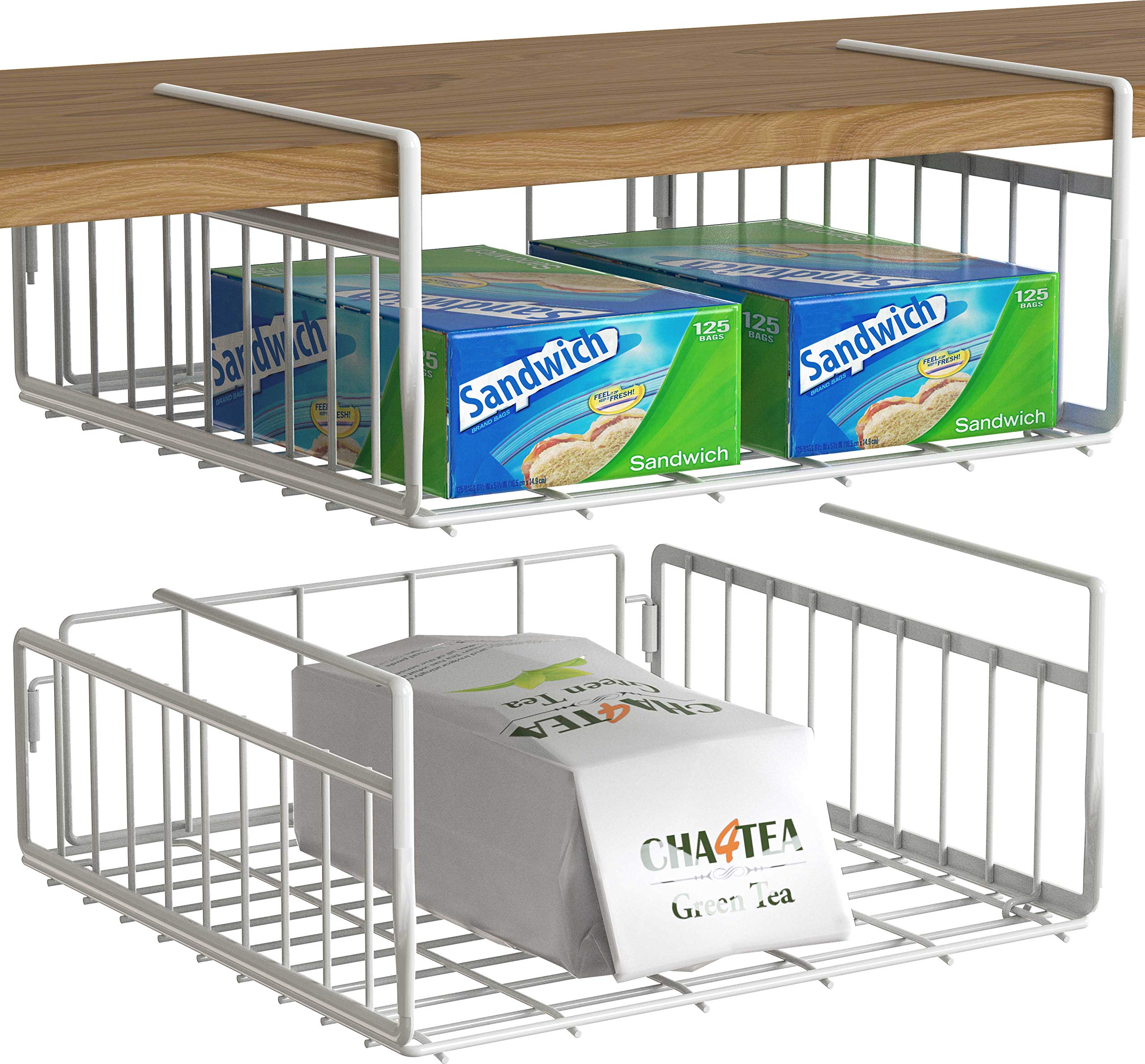 Simple Houseware Under Shelf Basket, White – 2-Pack Space-Saving Storage Organizer for Kitchen, Pantry, Closet, Office – Wire Metal Shelf Organizer, No Tools Required
