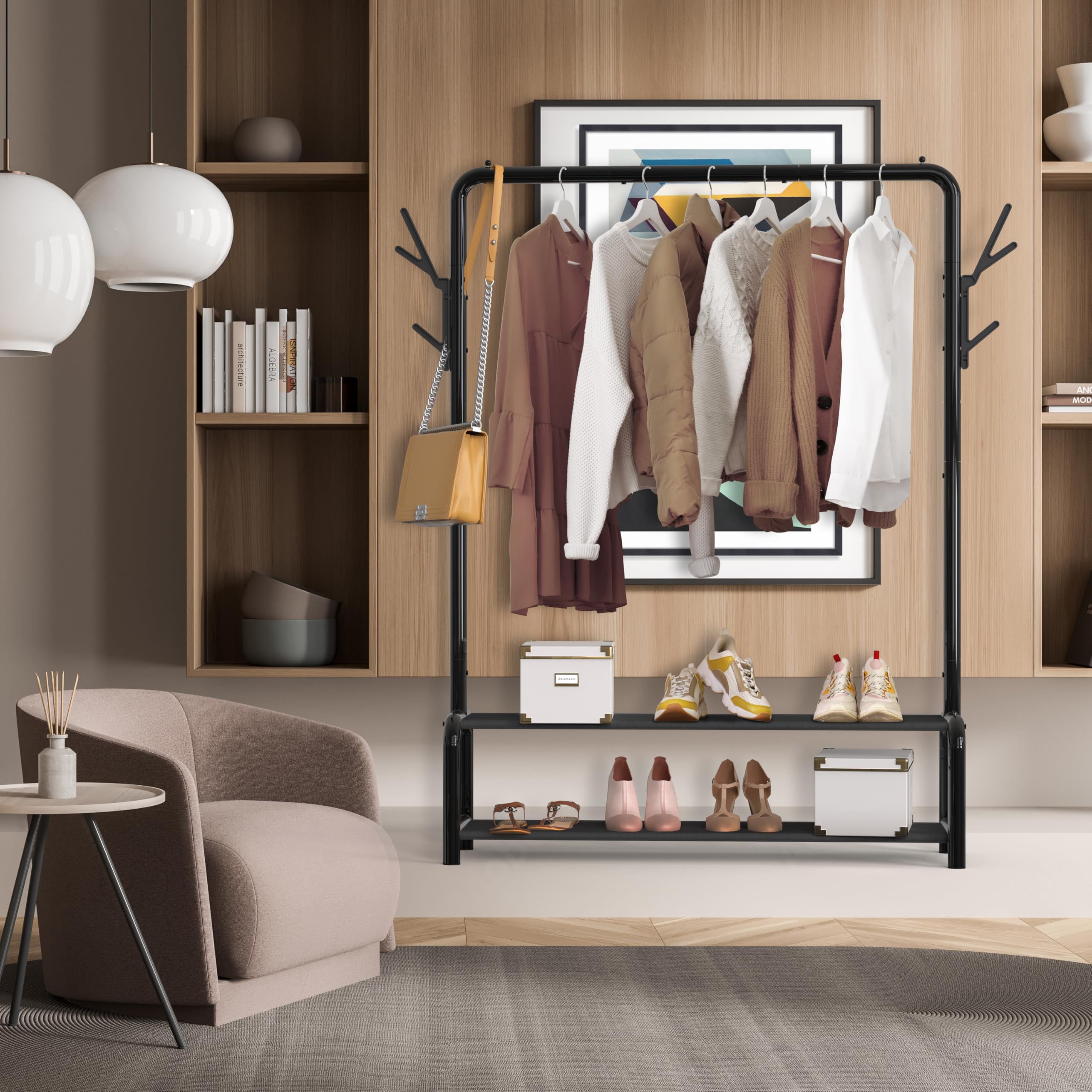 Simple Houseware 52-Inch Freestanding Closet Garment Rack with Storage Shelves and Coat/Hat Hooks, Black