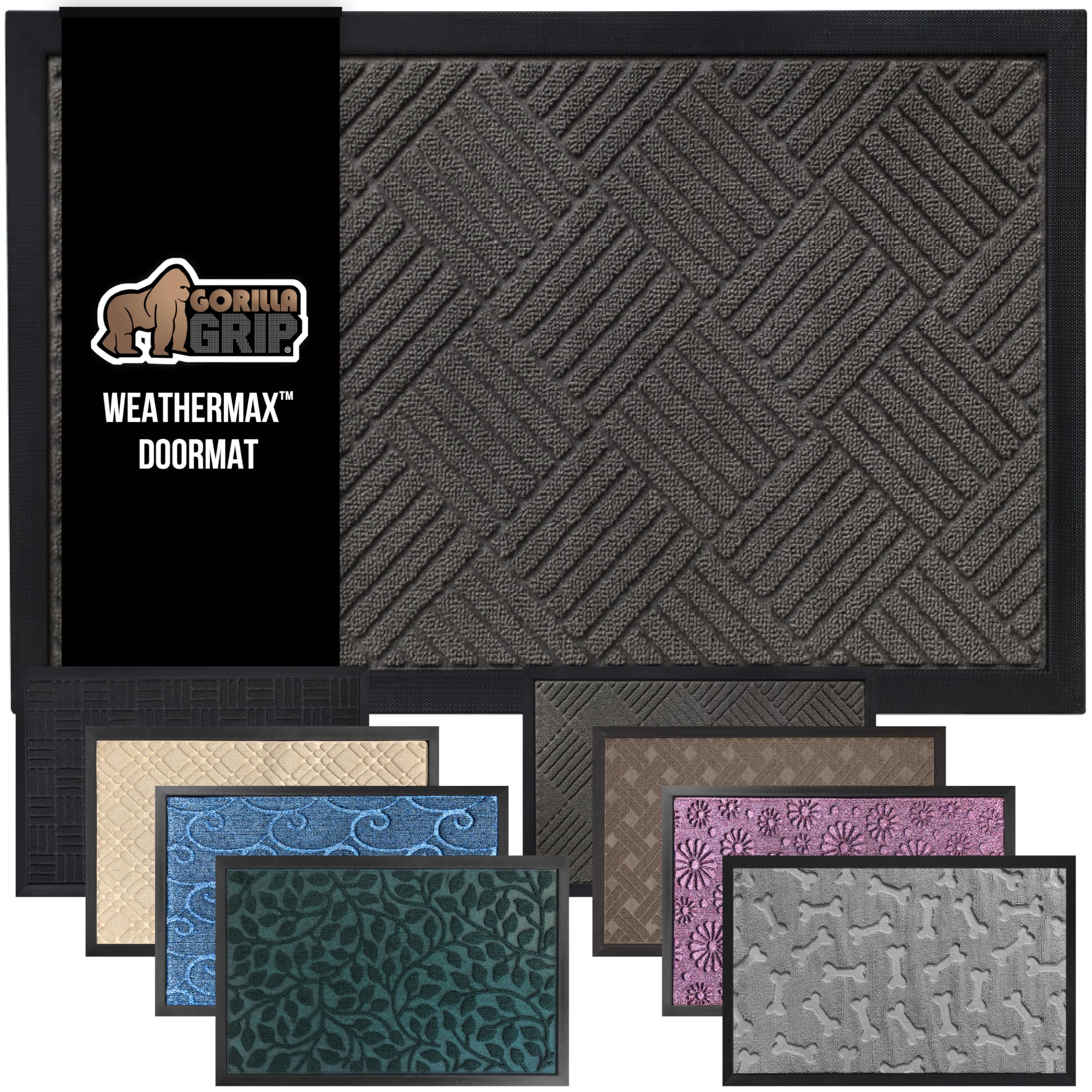 GORILLA GRIP 100% wasserdichte Allwetter-Fußmatte WeatherMax, US-Design, Naturkautschuk, schmutz- und lichtbeständig, flaches Profil, für drinnen und draußen, leicht zu reinigende Terrassenmatte, 17x29, Grau Diamant