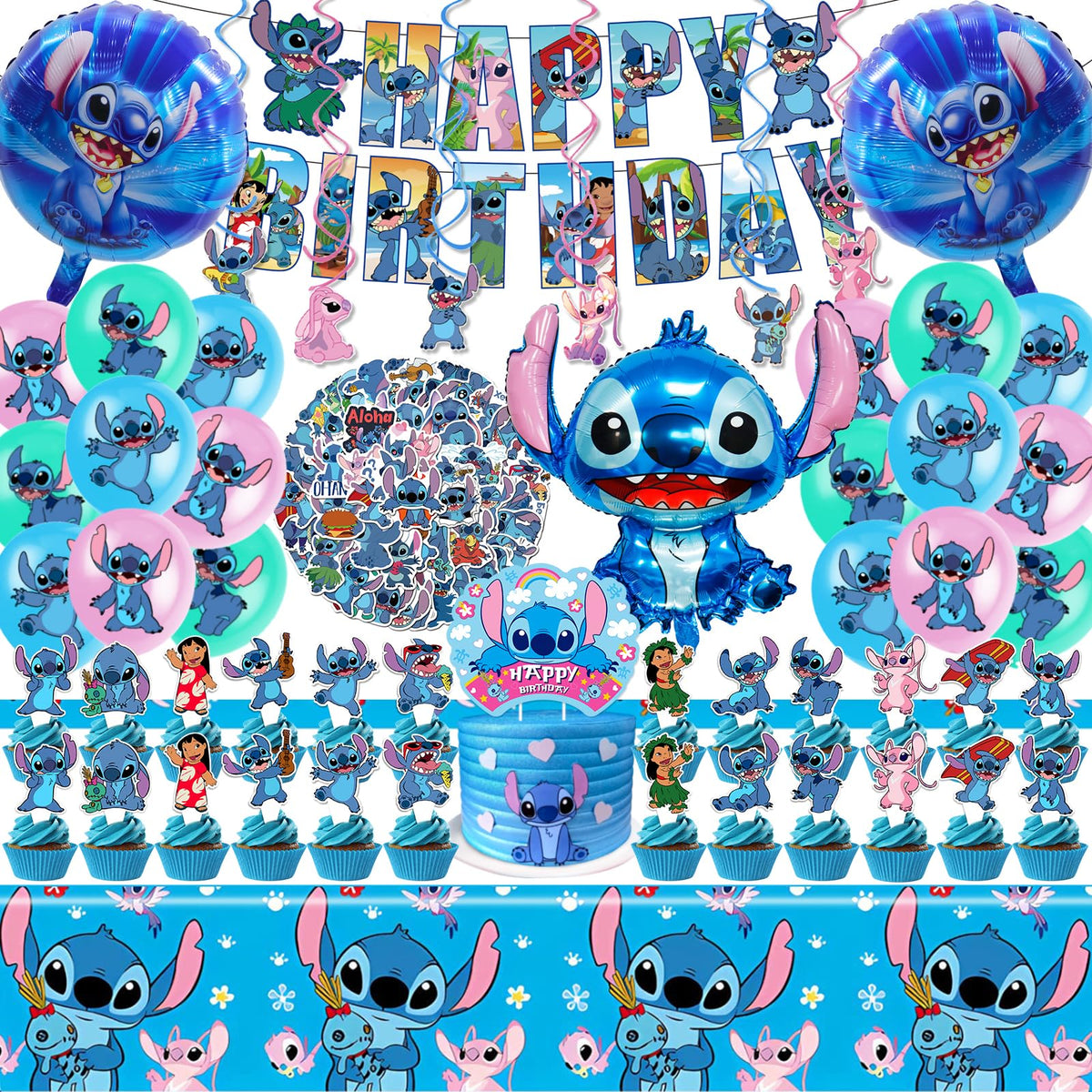 Stitch Partyzubehör, 101-teiliges Geburtstagsdekorationsset mit Banner, Luftballons, Aufklebern, Hängespiralen, Kuchen-Muffin-Toppern, Tischdecke für Jungen und Mädchen Stitch-Mottoparty