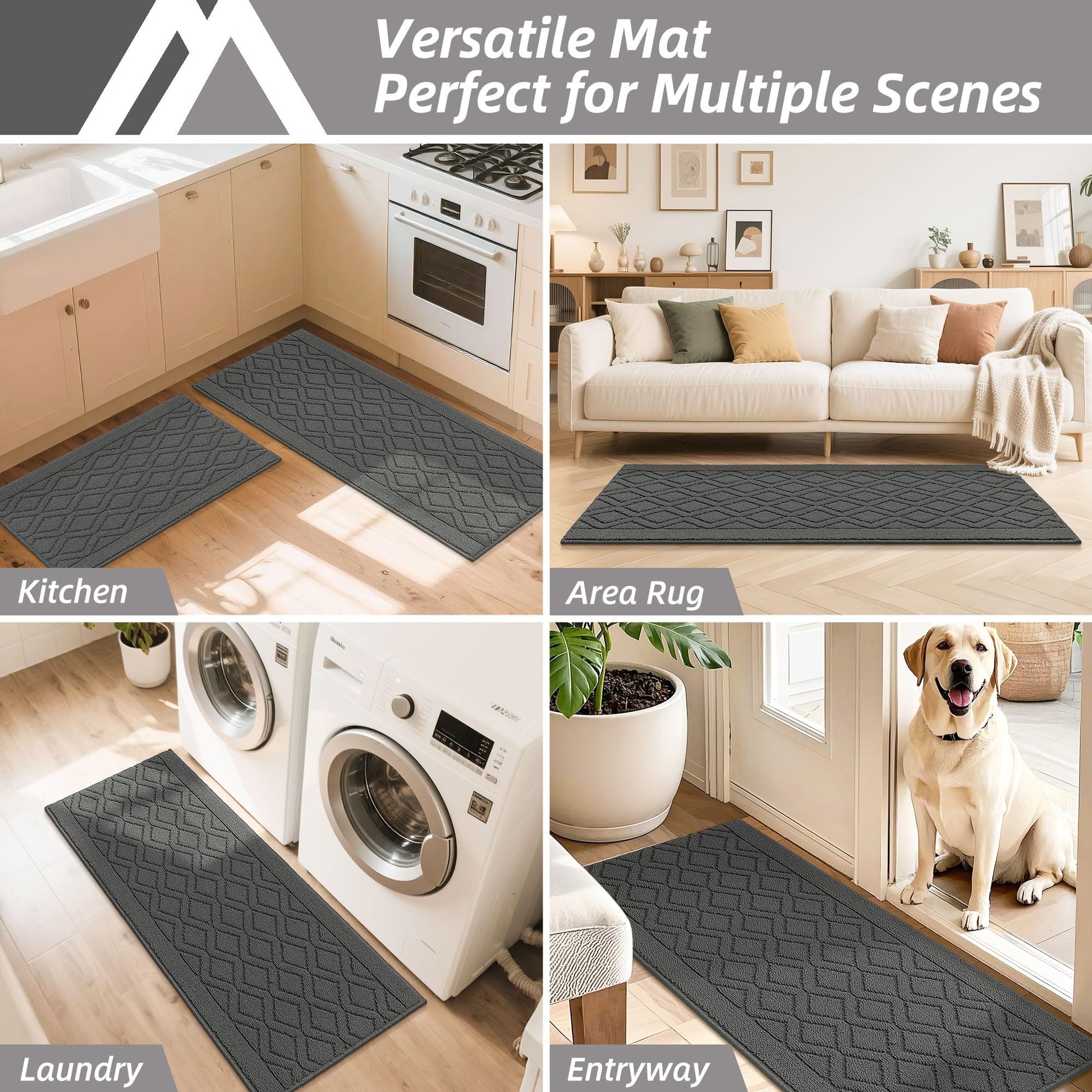 COSY HOMEER 48x20 Inch/30X20 Inch Kitchen Rug Mats Made of 100% Polypropylene 2 Pieces Soft Kitchen Mat Specialized in Anti Slippery and Machine Washable (Grey)
