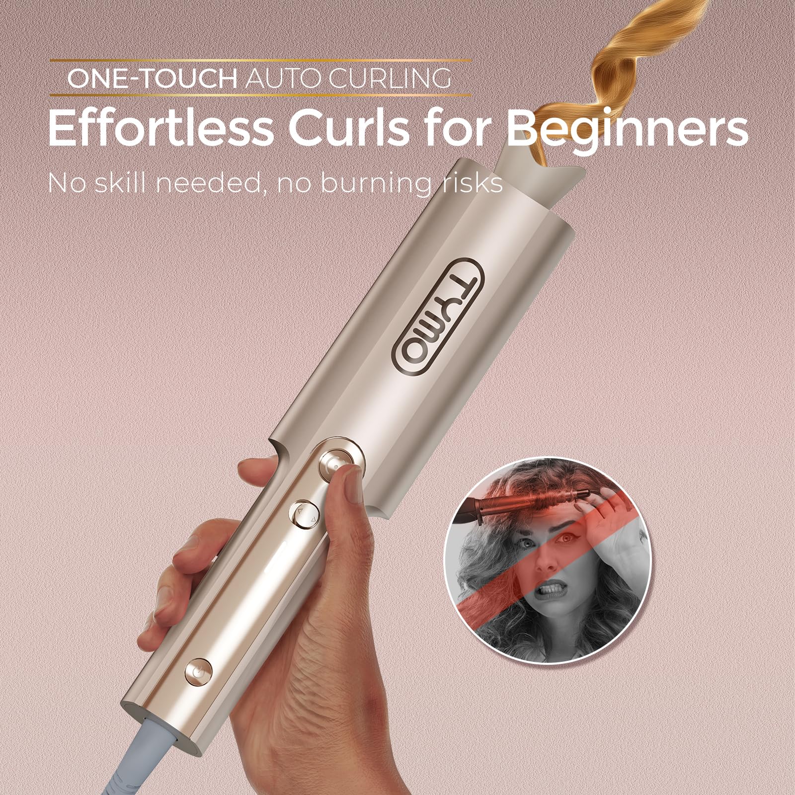 Upgraded Automatic Rotating Curling Iron - TYMO CurlPro Plus Long Barrel Curling Wand for Long Hair, Ceramic Hair Curler for Women, Anti-Scald, Tangle-Free, 600M Ionic, Dual Voltage, Gold, 1 Inch