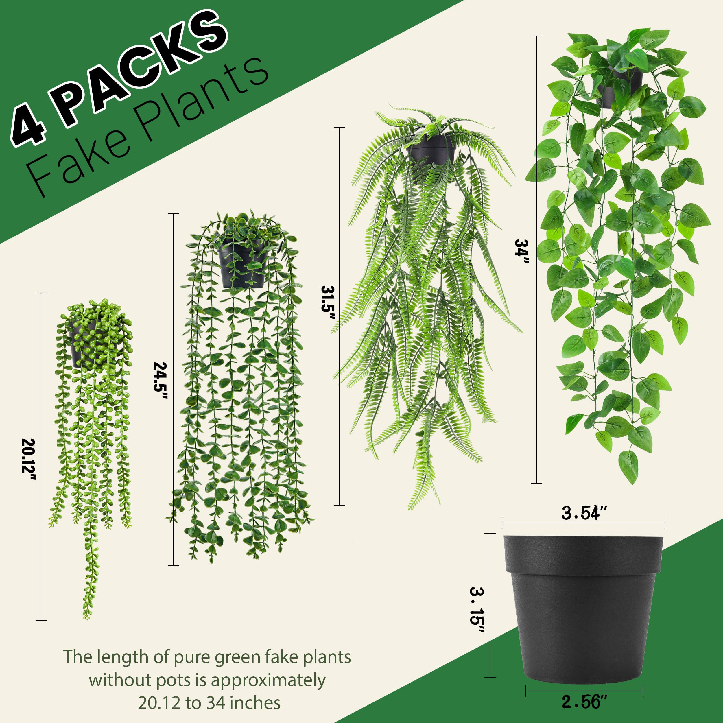 Der Rose 4Pcs Fake Plants Hanging Artificial Ivy Vine Faux Eucalyptus Hanging Plants, Boston Fern, String of Pearls for Living Room Bedroom Boho Wall Shelf Indoor Outdoor Decor