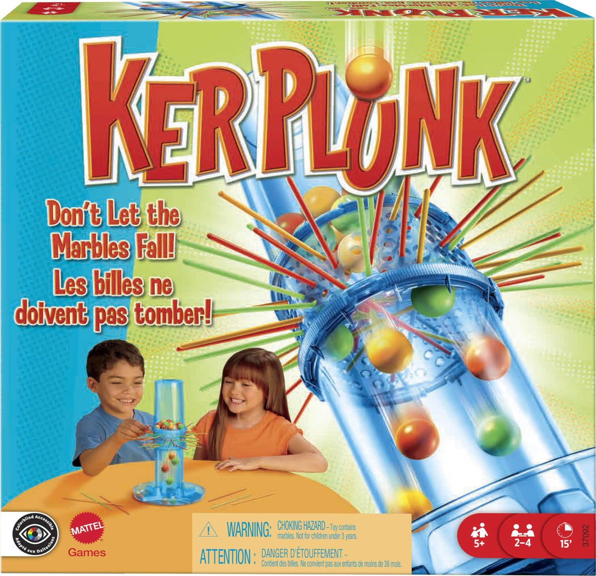 Mattel KerPlunk Kinderspiel, leicht zu erlernendes Familienspiel für 2 bis 4 Spieler, lass die Murmeln nicht herunterfallen