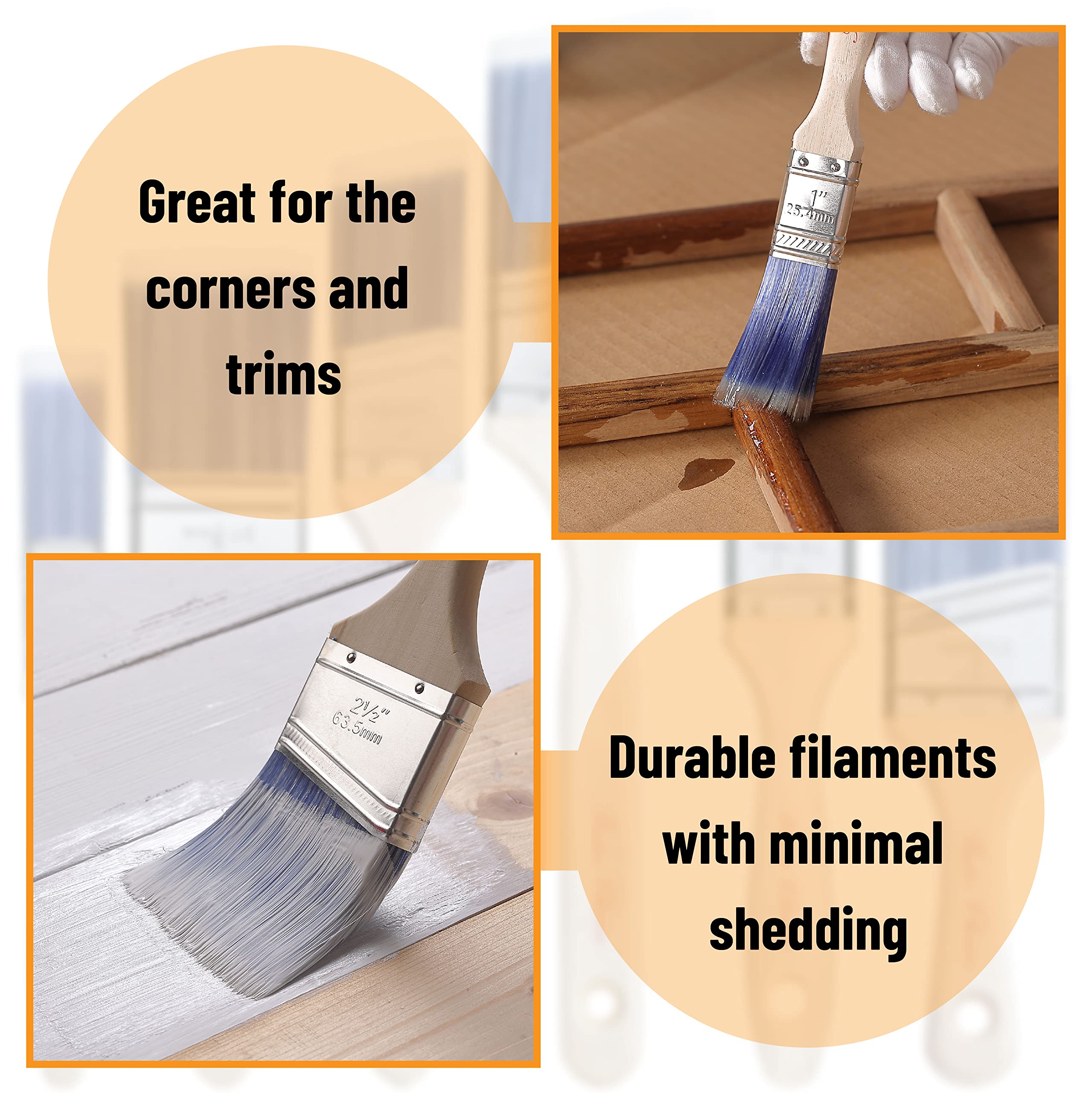 Bates- Paint Brushes, 6 Pack, Treated Wood Handle, Paint Brushes for Walls, Stain, Furniture