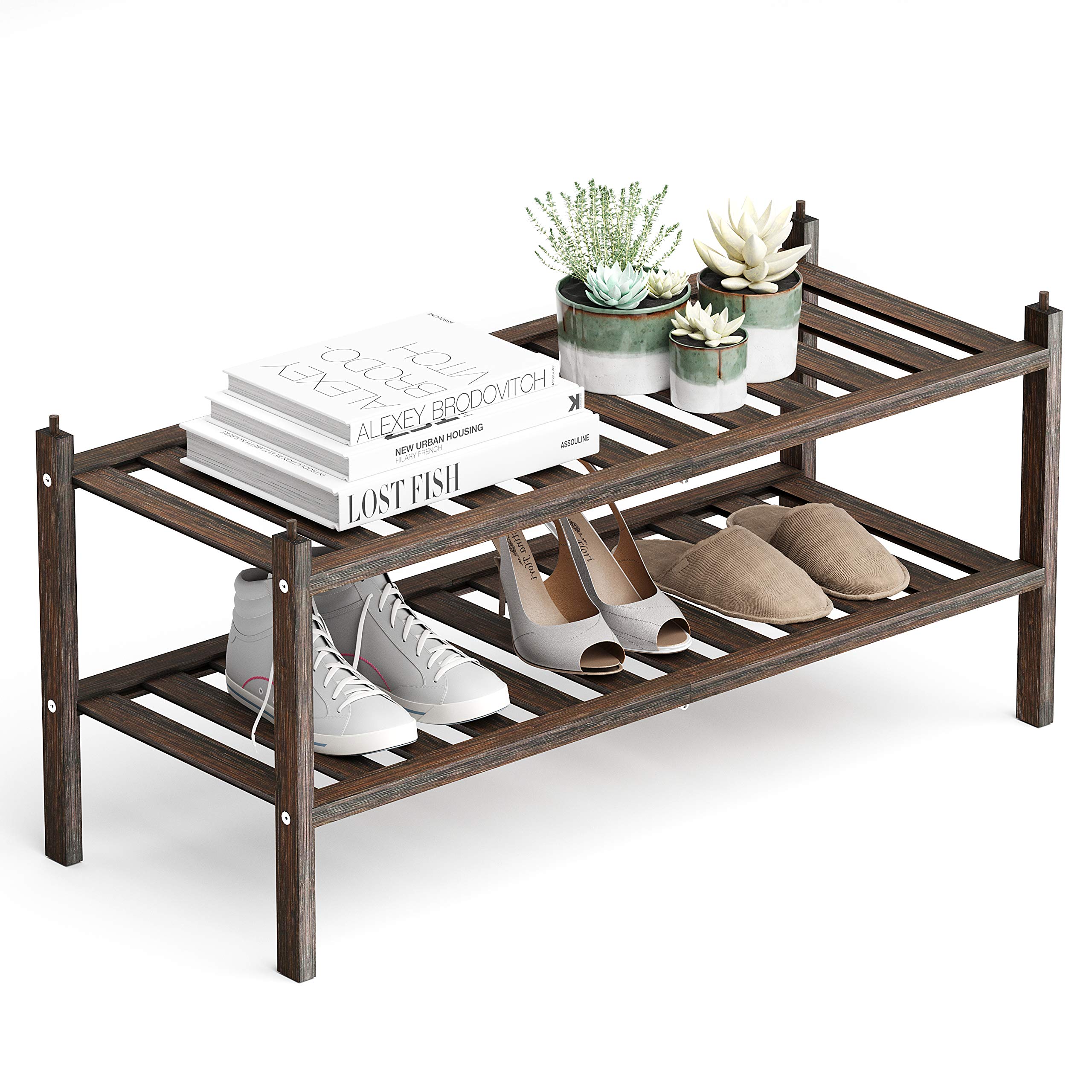 Dranixly Schuhregal, 2-stufiges stapelbares Regal aus Bambus, Aufbewahrungsorganisator für Eingangsbereich, Flur und Schrank, 69,1x27,9x33,5 cm (Mokka)
