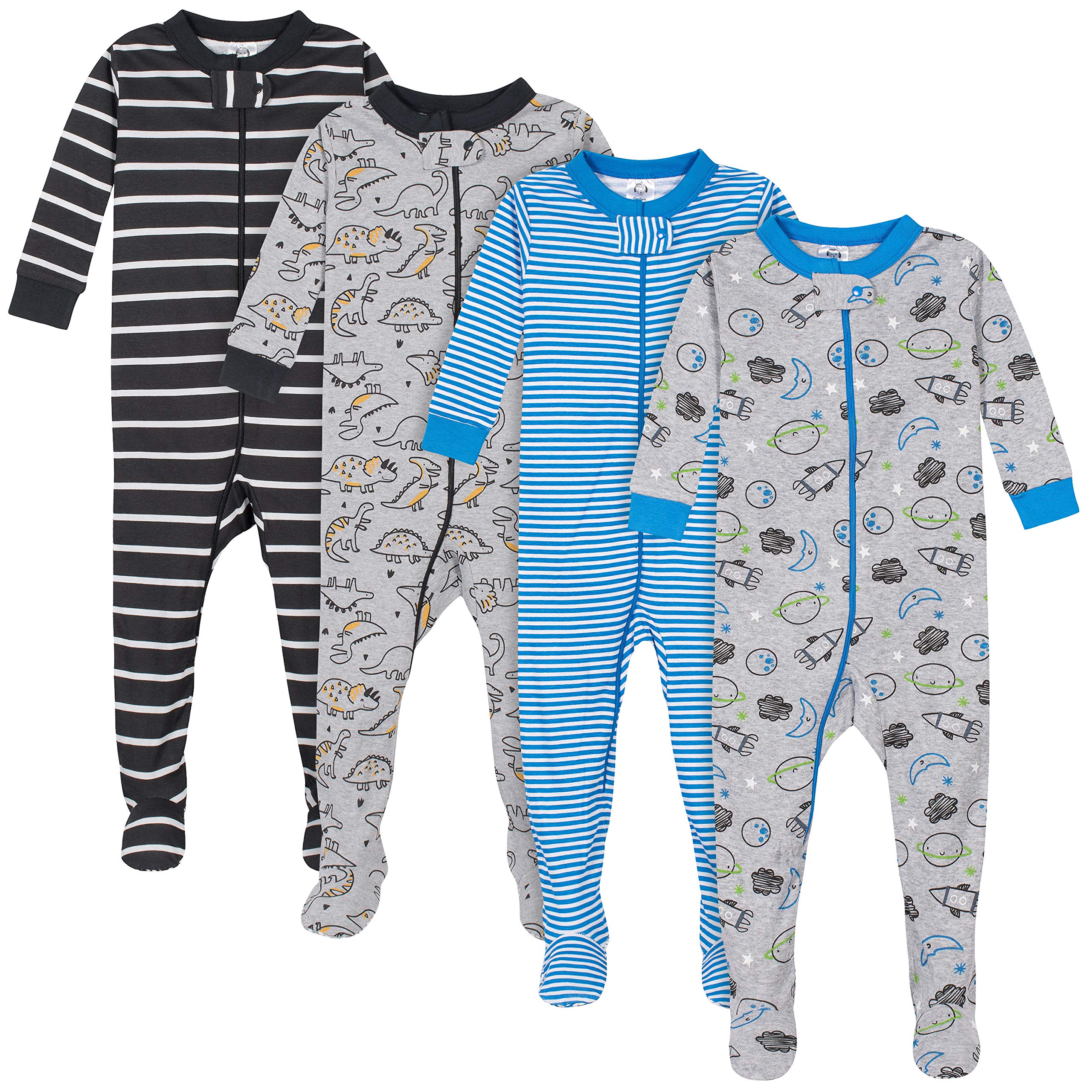 Gerber Baby Jungen Schlafanzug mit Füßen, 4er-Pack, Dinos Weltraumgrau, 18 Monate