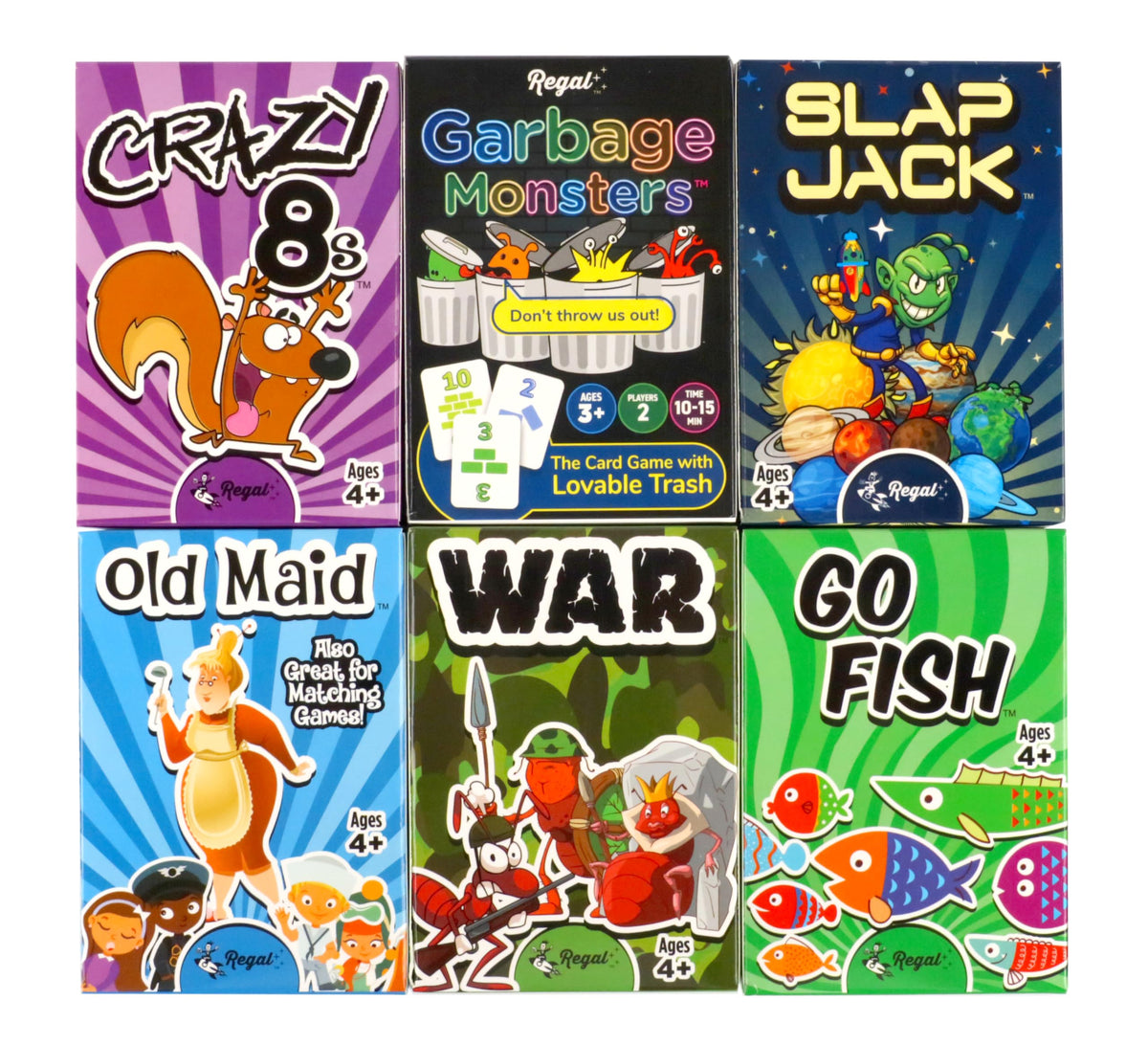 Regal Games Kartenspiele für Kinder – Go Fish, Crazy Eights, Schwarzer Peter, Slap Jack, Garbage Monster, War – Einfache & lustige klassische Familienspiele – Spiele können variieren (6er-Set)