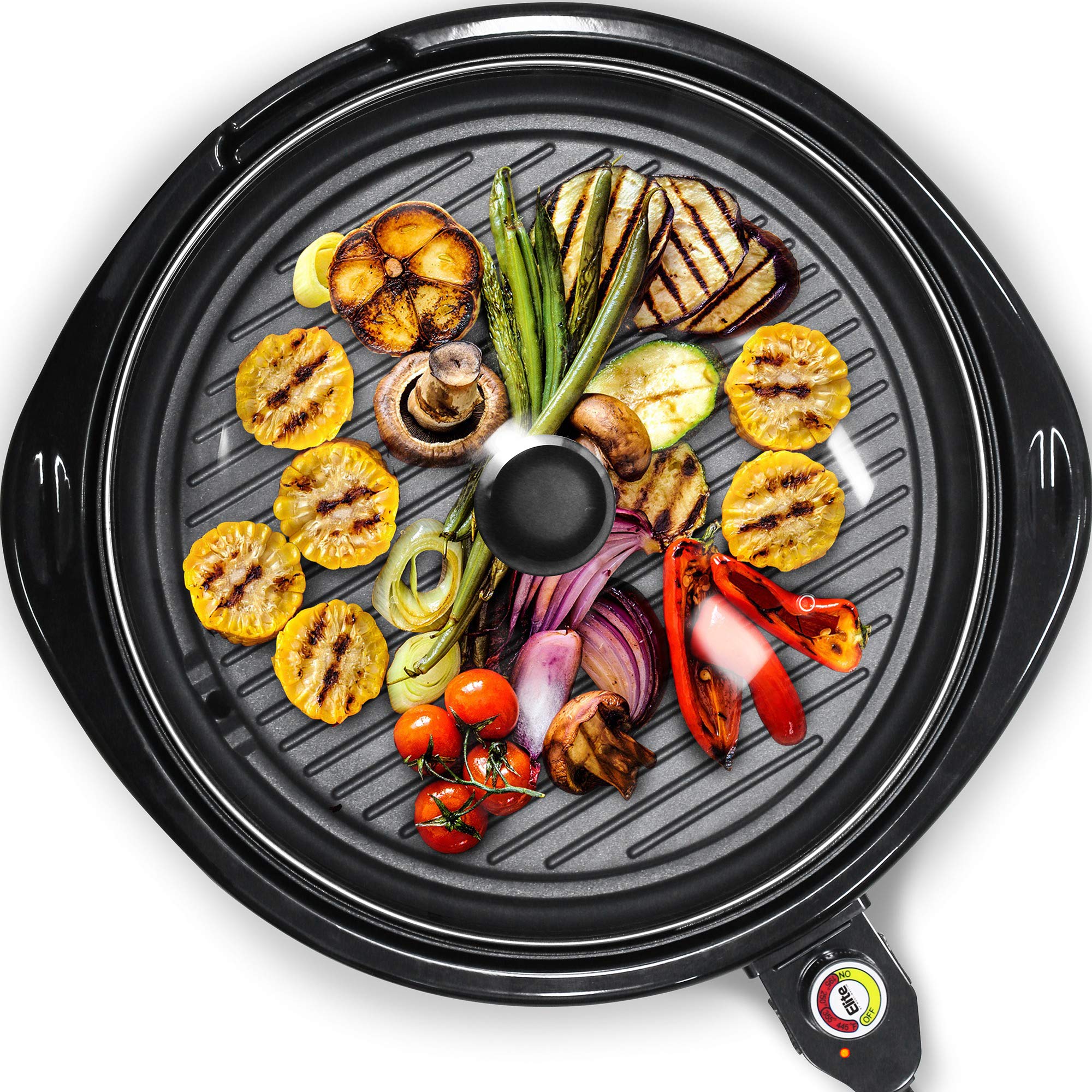 Elite Gourmet EMG-980B Rauchfreier elektrischer Tischgrill mit Antihaftbeschichtung, für 6 Portionen, spülmaschinenfeste abnehmbare Grillplatte, Grill für drinnen, Deckel aus gehärtetem Glas, einstellbare Temperatur, 35,5 cm, Schwarz