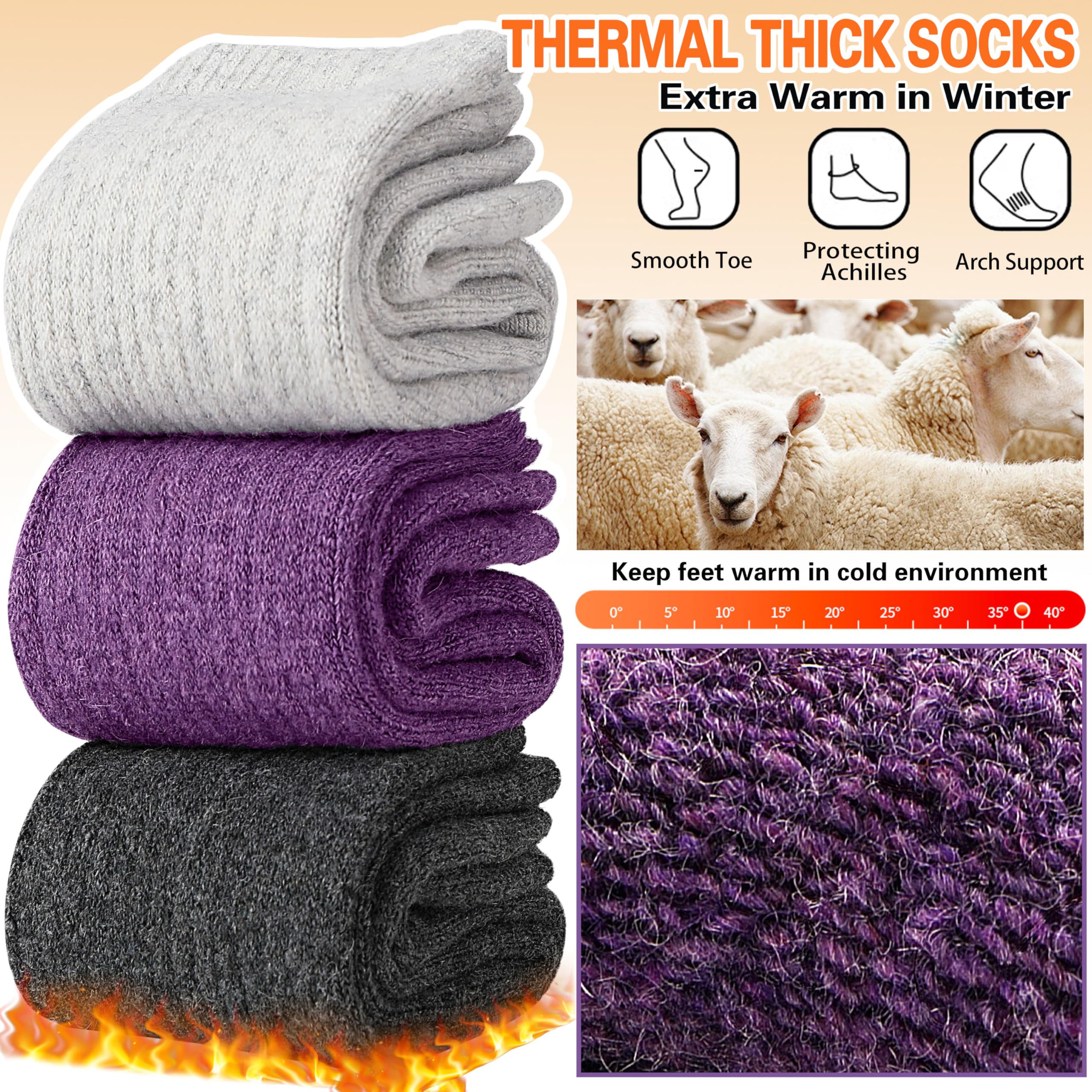 Merino Wool Socks for Women Hiking Warm Winter Thick Boot Thermal Cozy Crew Work Soft Ladies Socks Gift 5 Pack Stocking Stuffers（ Purple/Blue/Black/Grey/Dull Grey）