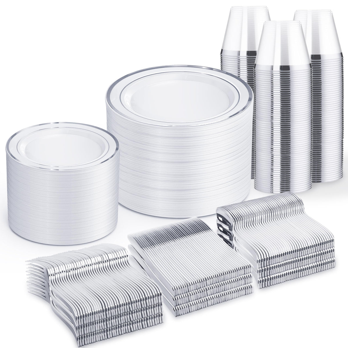 WELLIFE 600-teiliges silbernes Einweggeschirr-Set für 100 Gäste, silberne Plastikteller für Partys, je 100 – Ess- und Salatteller, Becher, Gabeln, Messer, Löffel für Hochzeit und Jubiläum