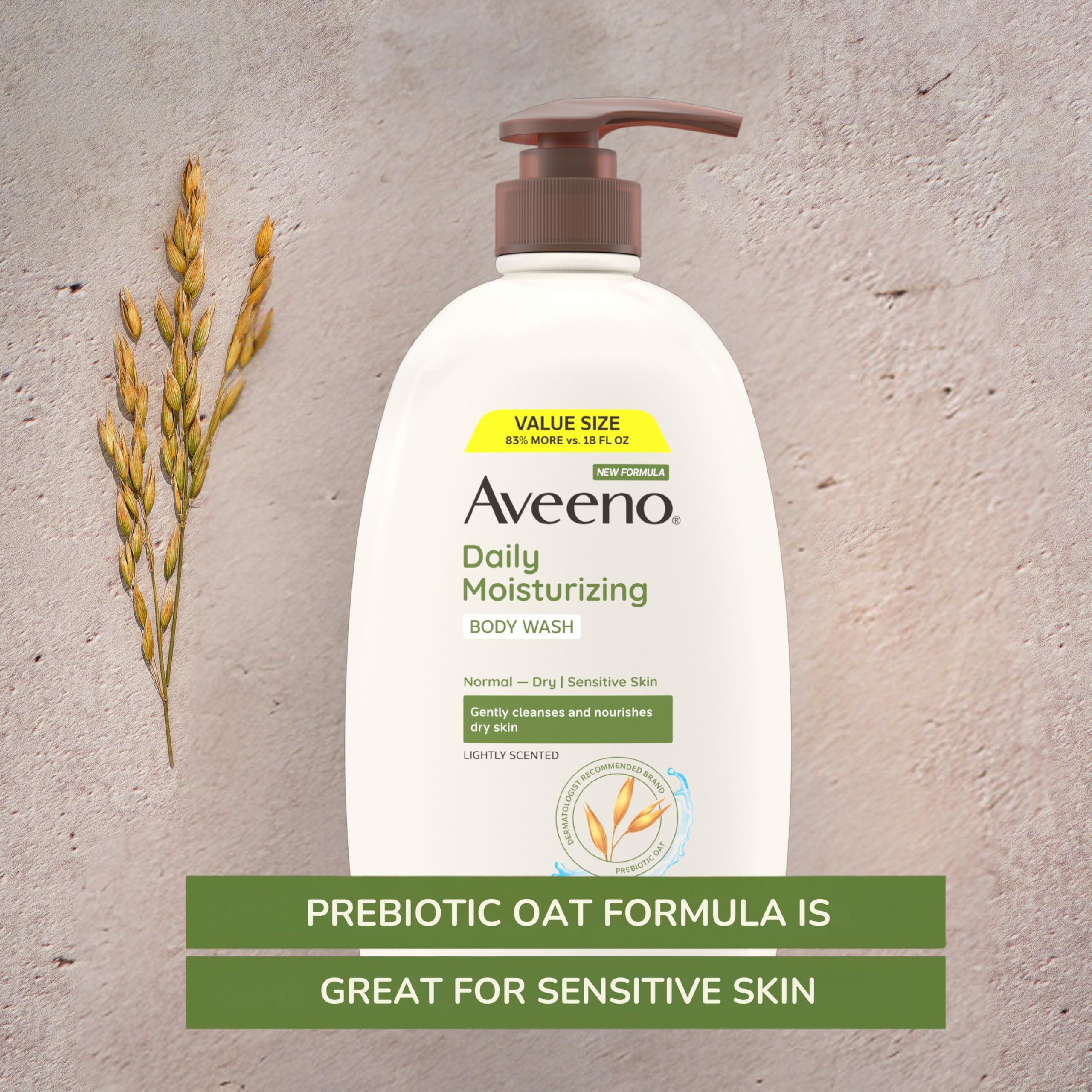 Aveeno Daily Moisturizing Body Wash for Women and Men for Dry & Sensitive Skin, Paraben, Soap & Dye-Free, Gentle Shower Cleanser, Dermatologist Recommended Brand, Lightly Scented, 33 Fl Oz