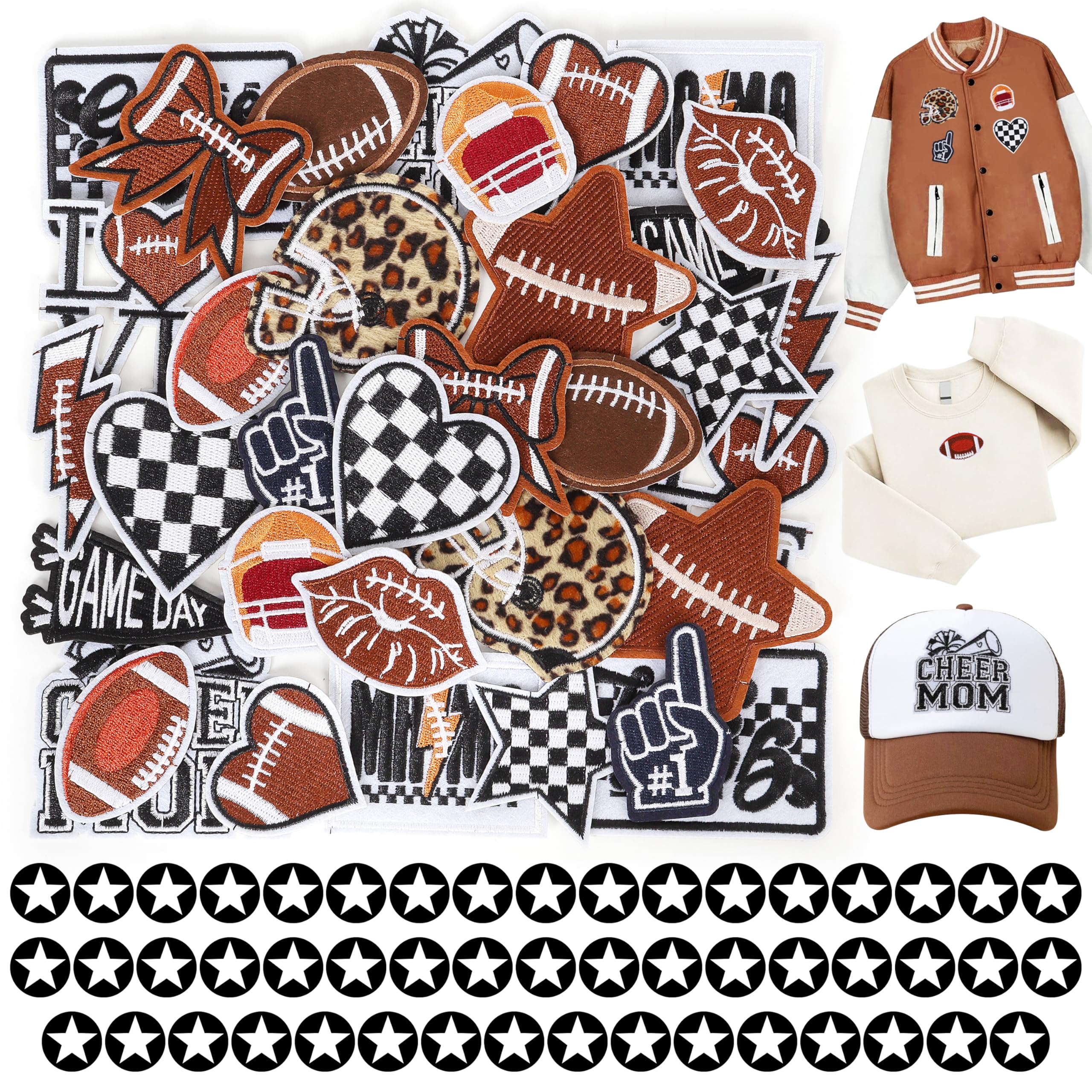 Aufbügelbare bestickte Football-Aufnäher für Hüte: Meneng 84PCS Football-Helm-Sport-Aufnäher für Jacken Hoodies Rucksäcke - Stern-Aufkleber zum Aufnähen als Applikation für Football-Begeisterte Team-Fans DIY-Basteleien