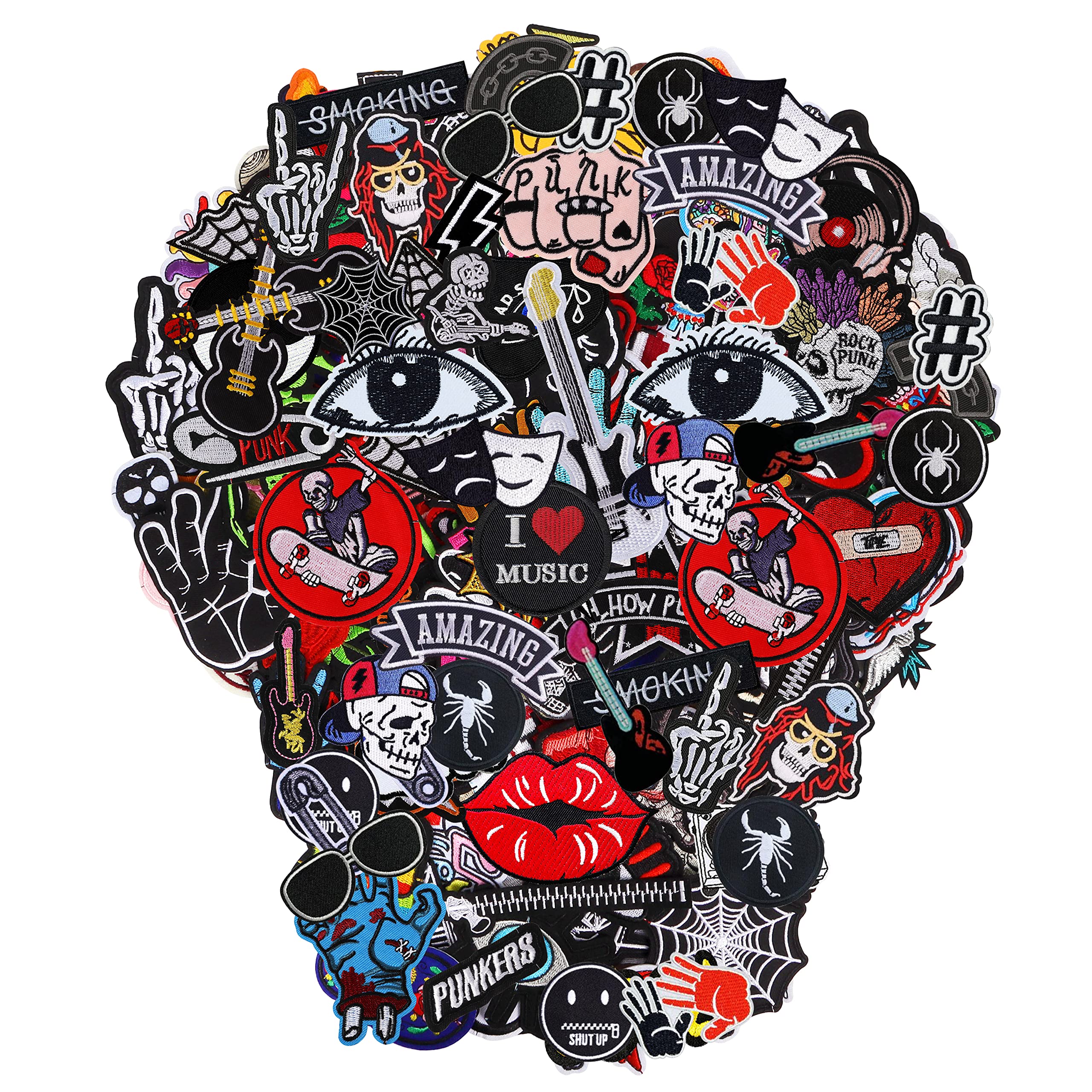 Meneng Bestickte Patches zum Aufbügeln: 30 Stück sortierte coole Punk-Stickerei-Aufnäher zum Aufnähen für Jacken und Kleidung