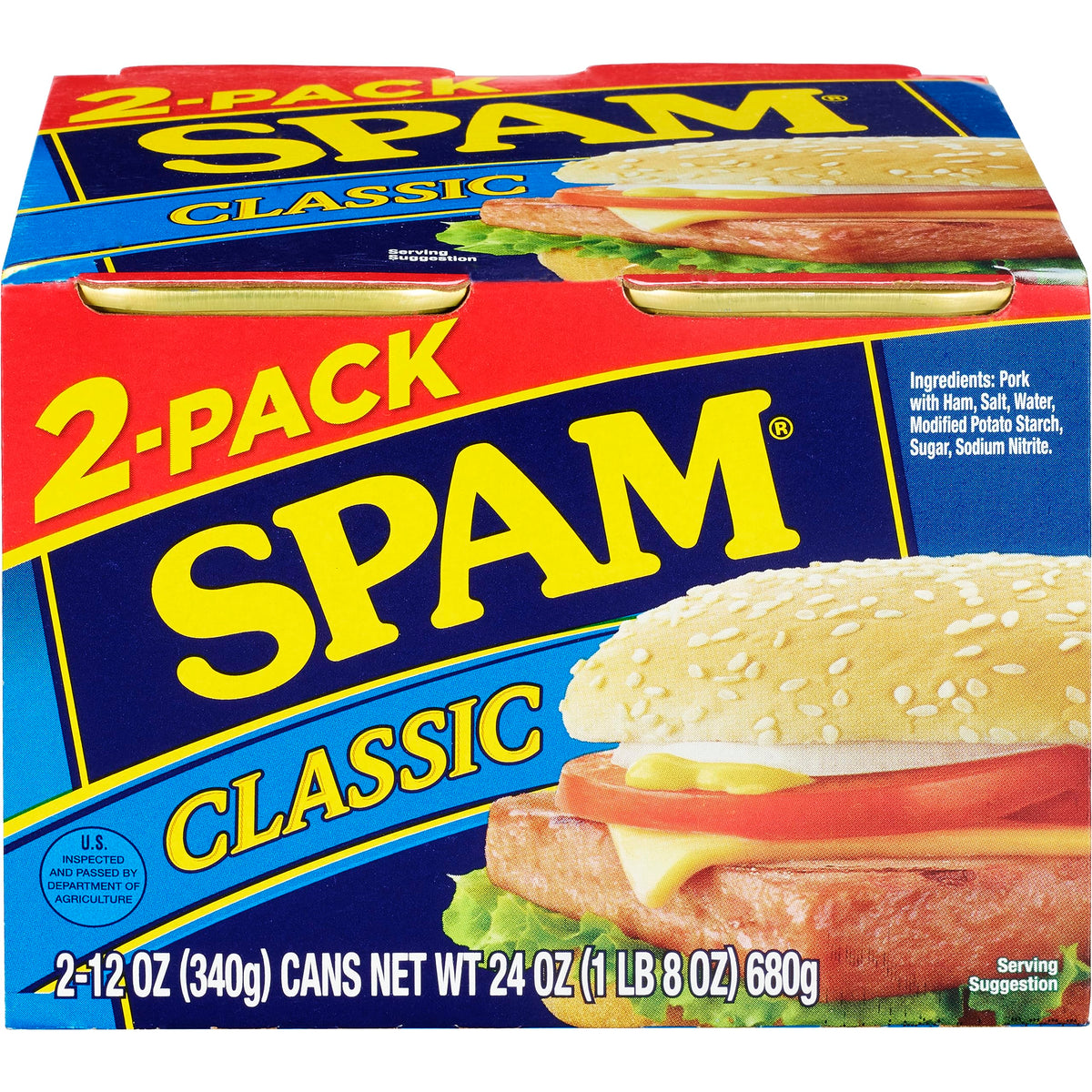 SPAM Classic Dosenfleisch, 340 g (2er-Pack), fertig gegartes Schweine- und Schinkenfleisch, 7 g Protein pro Portion, 0 g Transfett, kohlenhydratarm, ketofreundlich, glutenfrei, leicht zu öffnende Dose, perfekt für Sandwiches und Frühstück
